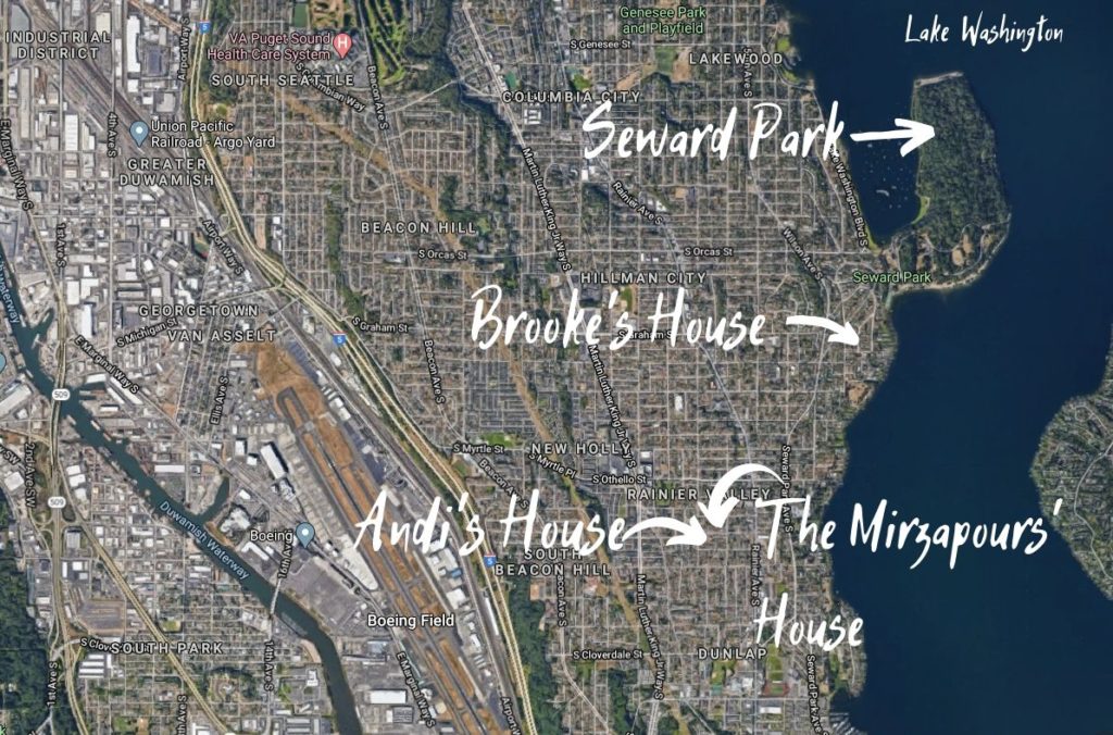 Map of South Seattle, including Seward Park, Brooke's house, Andi's house, and the Mirzapours' house