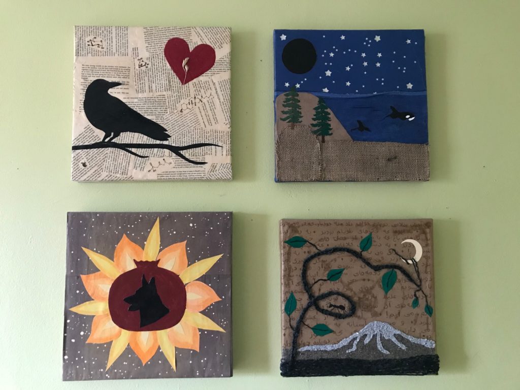 four collages. The first shows a silhouette of a crow on a branch with a red heart in the corner. The second shows a nighttime seascape with a dark new moon in one corner and an orca whale swimming in the water. The fourth shows a dog silhouette inside a pomegranate with flame-like petals around it. The fourth shows a mountain and a plant vine with small ants walking on it.