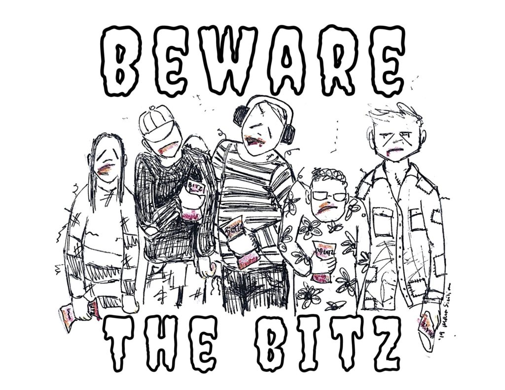 coloring sheet of the Bitz zombies. a group of five scruffy-looking zombies, with title around them that reads "Beware the Bitz"